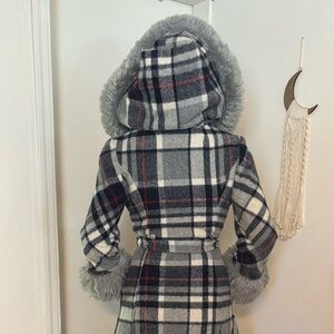 Vintage Plaid Penny Lane Belted Coat with Faux Fur Cuffs and Hood